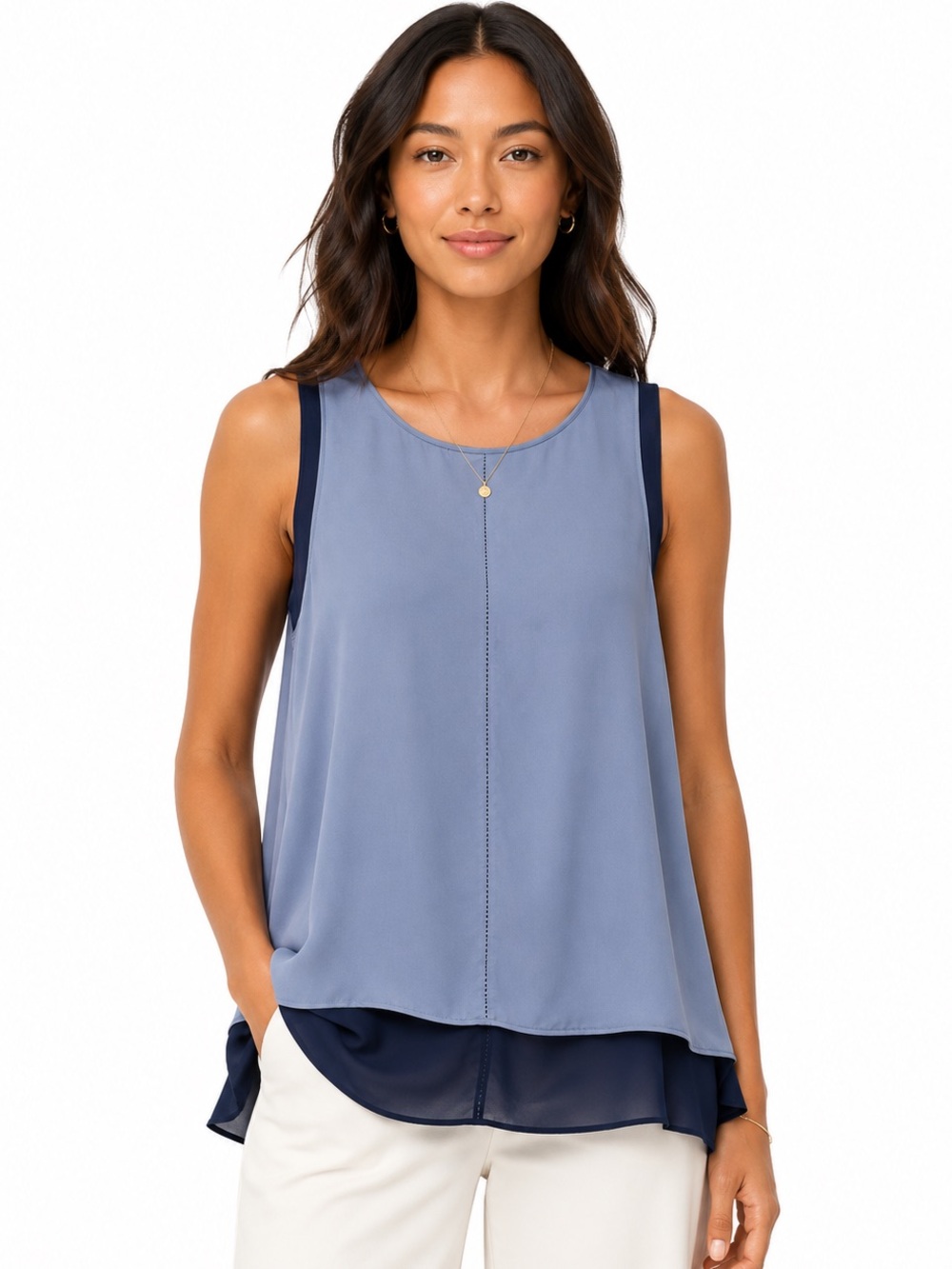 Vince 100% Silk Double Layer Tank Top Blue Gray Navy Sleeveless Blouse Medium